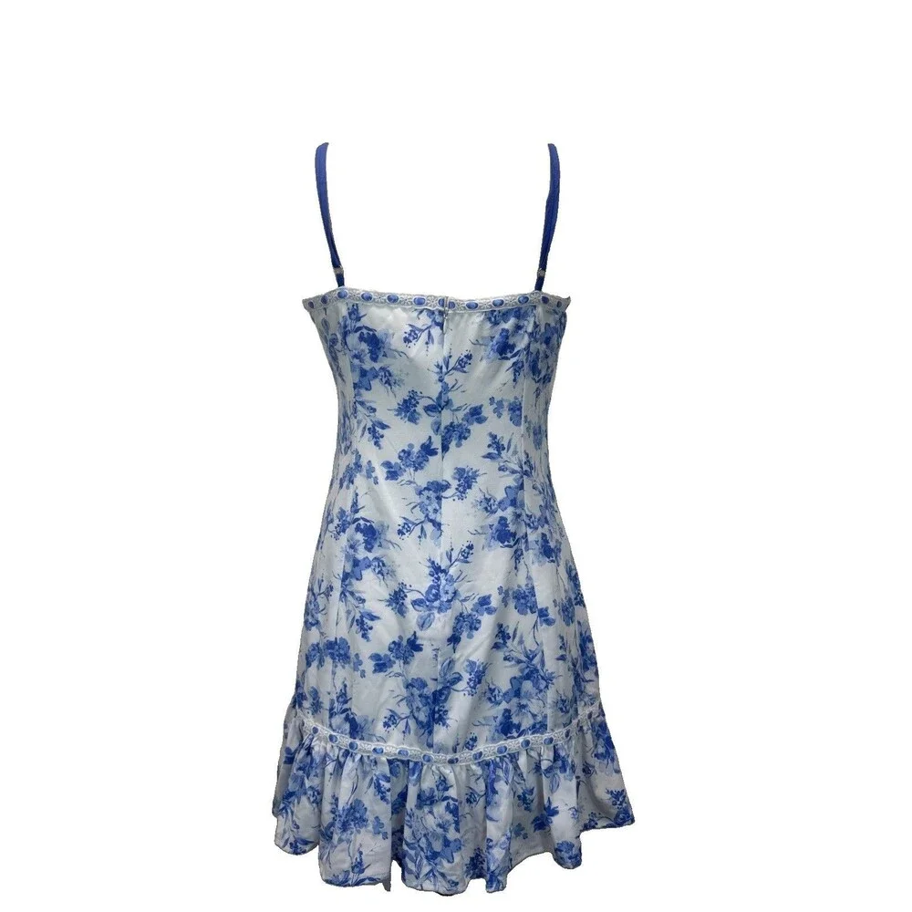 Altar'd State Floral Bow Dress Med White Blue Babydoll Short Ruffle Sweetheart - Picture 8 of 12